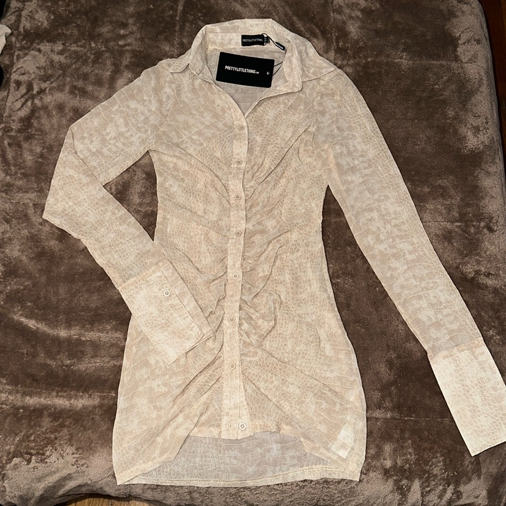 Prettylittlething cream croc print runched front bodycon dress